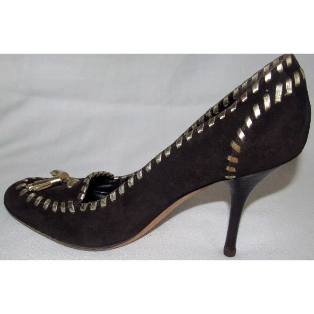 GUCCI Brown Suede Tassel Loafer Gold Stitch Heel Pumps Shoes Womens Size 6B 6 B - Picture 5 of 15